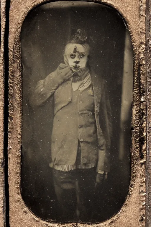 Image similar to a tintype photo of a clown