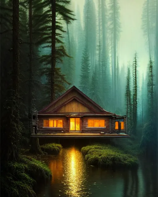 Image similar to a hyper - detailed 3 d render like an oil painting of cabin in the woods floating inside our own consciousness!!!!! surreal concept art, lifelike, photorealistic, digital painting, aesthetic, smooth, sharp focus, artstation hd, by greg rutkowski, bruce pennington, valentina remenar, rhads, asher duran,