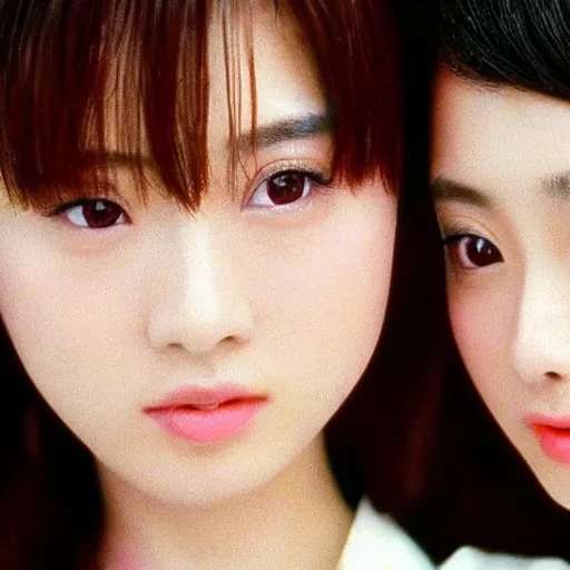 Image similar to 1990s, unbelievably beautiful, perfect, dynamic, epic, cinematic 8K HD movie shot of two semi-close-up japanese beautiful cute young J-Pop idols actresses girls, they express joy and posing together. By a Chinese movie director. Motion, VFX, Inspirational arthouse, high budget, hollywood style, at Behance, at Netflix, with Instagram filters, Photoshop, Adobe Lightroom, Adobe After Effects, taken with polaroid kodak portra