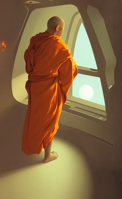 Image similar to portrait of a blind monk in a spaceship, looking out the window at a planet, orange robe, dramatic lighting, artstation, matte painting, johannes vermeer