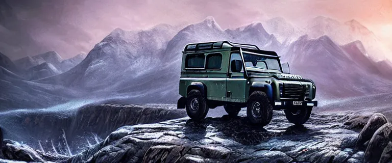 Prompt: Land Rover Defender 110 (1985), an epic fantasy, dramatic lighting, cinematic, establishing shot, extremely high detail, photorealistic, cinematic lighting, artstation, by simon stalenhag, The Elder Scrolls V: Skyrim, Shrine of Azura, snow, mountains