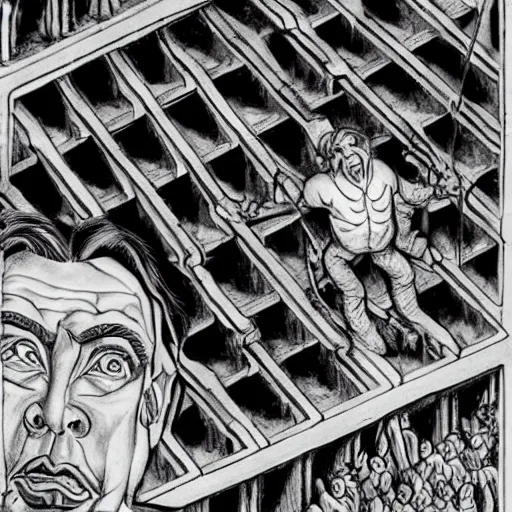 Image similar to andrew lloyd webber apprehensively enters the labyrinth of the minotaur, mc escher