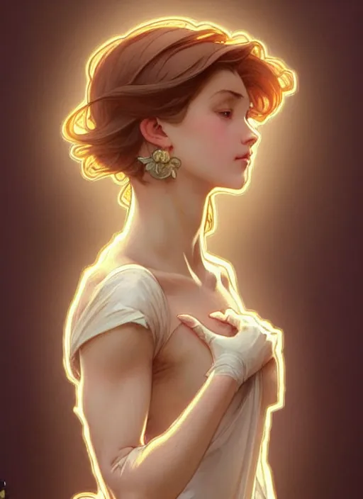 Prompt: digital character concept art by artgerm and greg rutkowski and alphonse mucha. clear portrait of a modern young wife blessed by god to uncontrollably become overwhelmingly perfect!! blonde, in clothes! obviously feminine well - formed holy body!! light effect. hyper detailed, glowing lights!! intricate, elegant, digital painting, artstation, smooth, sharp focus