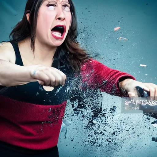 Prompt: A woman smashing a keyboard, angry, stock photo