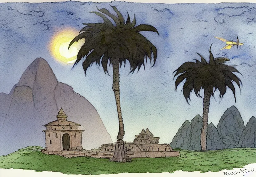 Image similar to a simple watercolor fantasy concept art of a dark grey boxy ufo next to a palm tree at night in machu pichu. by studio ghibli, rebecca guay, michael kaluta, charles vess