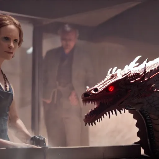 Image similar to cinematic still of westworld, evil dragon machine, highly detailed