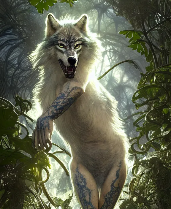 Image similar to simplicity ornate opulent transparent clear see - through portrait of a terrifying beautiful male alien wolf, mottled coloring, adorable, childlike, overgrown jungle environment, ultra realistic, concept art, art nouveau, photorealistic, octane render, 8 k, unreal engine. art by christopher marley and artgerm and greg rutkowski and alphonse mucha