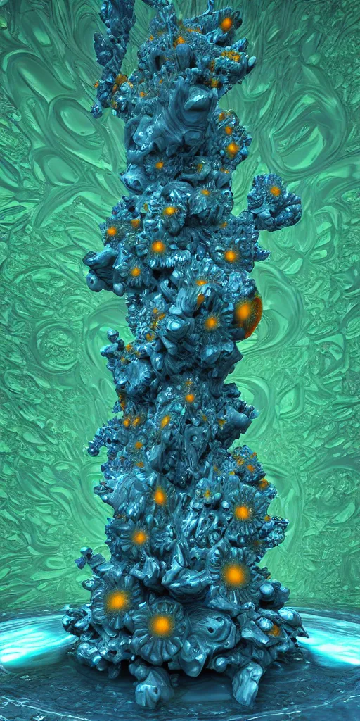 Prompt: 3 d photographic render of a deconstructed flower orange torii mandelbulb sculpture, green bioluminescent chrometype, made of liquid blue metal, neotribal with thorns and blue thunders, cyberpunk japanese temple, raytraced, hyper realistic, volumetric lightning, 8 k, by zhelong xu, ouchh and and innate studio