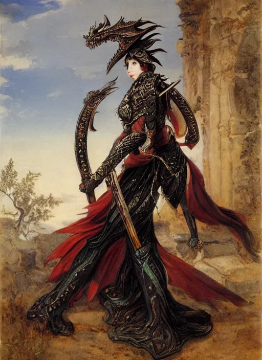 Prompt: woman in dark princess dragon armor, she is holding a katana sword, walking on the mystical ancient ruins. by william henry hunt