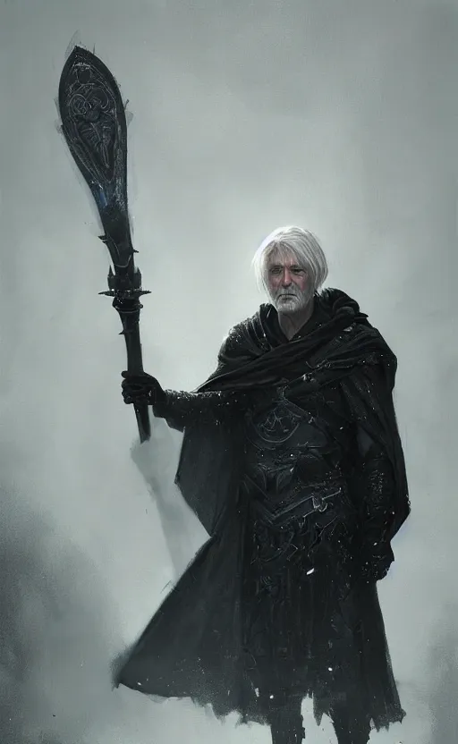 Image similar to portrait man with silver hair wearing a black cloak, white eyes, holding a warhammer, fantasy, highly detailed, cinematic lighting, digital art painting by greg rutkowski