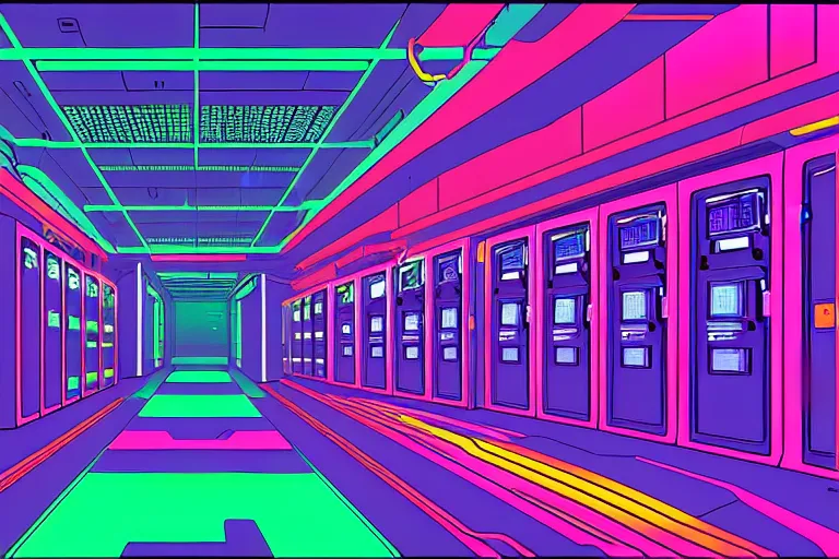 Prompt: realistic robot in a data server room, neon and dark, purple and blue color scheme, by dan mumford and malevich, katsuya terada