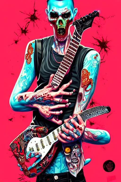 Image similar to a zombie punk rocker playing electric guitar, tristan eaton, victo ngai, artgerm, rhads, ross draws