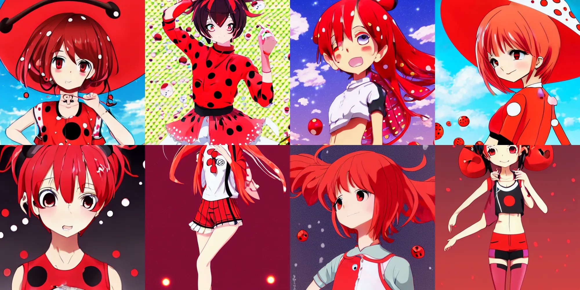 Prompt: anime key visual of a ladybug girl gijinka with red hair thick eyebrows and antennas wearing a red crop top with polkadots and a transparent vest by ilya kuvshinov