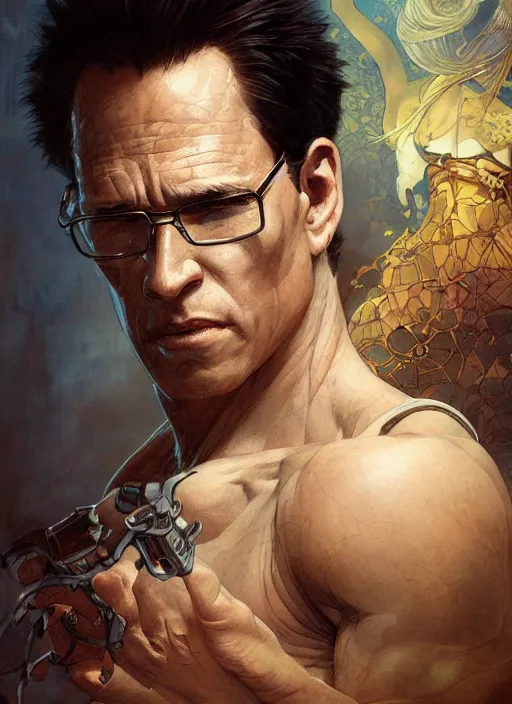 Prompt: a beautiful illustration of a johnny cage, intricate, sharp focus, illustration, highly detailed, digital painting, concept art, matte, art by wlop and artgerm and greg rutkowski and alphonse mucha, masterpiece