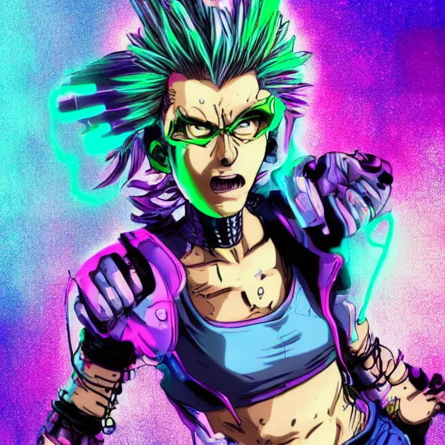 Prompt: a female mutant punk / raver using her mutant electrical powers in the style of akira toriyama in the style of hirohiko araki trending on artstation deviantart pinterest hyper detailed photorealistic highlights and shadow hd 8 k post - processing high resolution in color