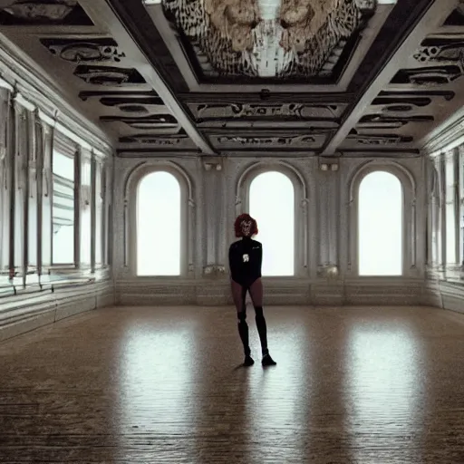 Prompt: a highly detailed cinematic wide shot of Grimes in a large room simulation with holographic symbolic codes