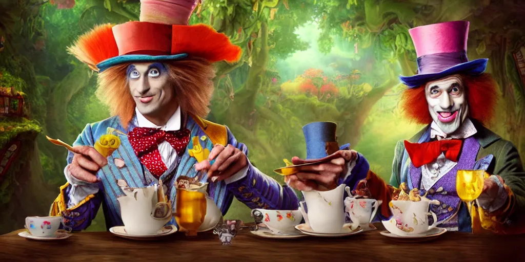 Image similar to The Mad Hatter, teaparty, alice in wonderland, colorful, wide angle, super highly detailed, professional digital painting, artstation, concept art, smooth, sharp focus, no blur, no dof, extreme illustration, Unreal Engine 5, Photorealism, HD quality, 8k resolution, cinema 4d, 3D, beautiful, cinematic, art by artgerm and greg rutkowski and alphonse mucha and loish and WLOP