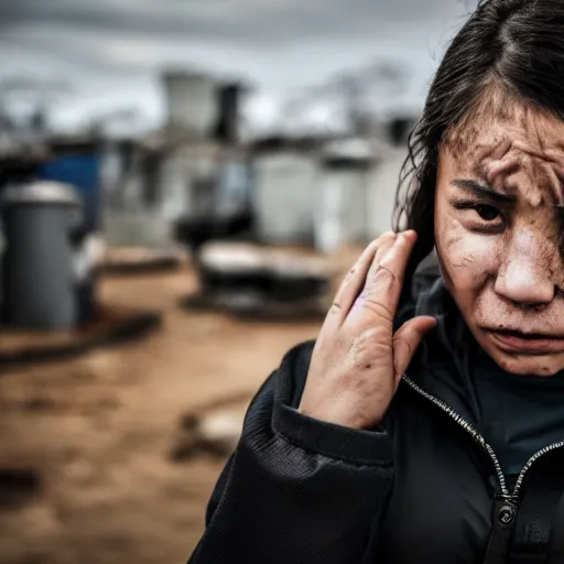 Image similar to photographic portrait of a poor techwear woman holding back tears, a futuristic shanty town burns in the background, closeup, sigma 85mm f/1.4, 4k, depth of field, high resolution, 4k, 8k, hd, full color