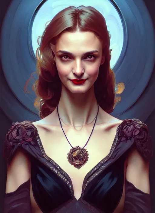 Image similar to “ daria strokous as femme fatale smiling and winking, intricate, elegant, highly detailed, digital painting, artstation, concept art, smooth, sharp focus uhd 8 k, art by artgerm and greg rutkowski and alphonse mucha ”