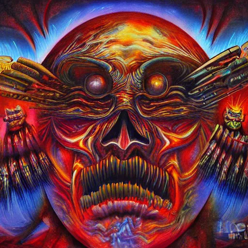 Image similar to the second layer of hell, airbrush art, shamanic dmt horror art, by basuki abdullah