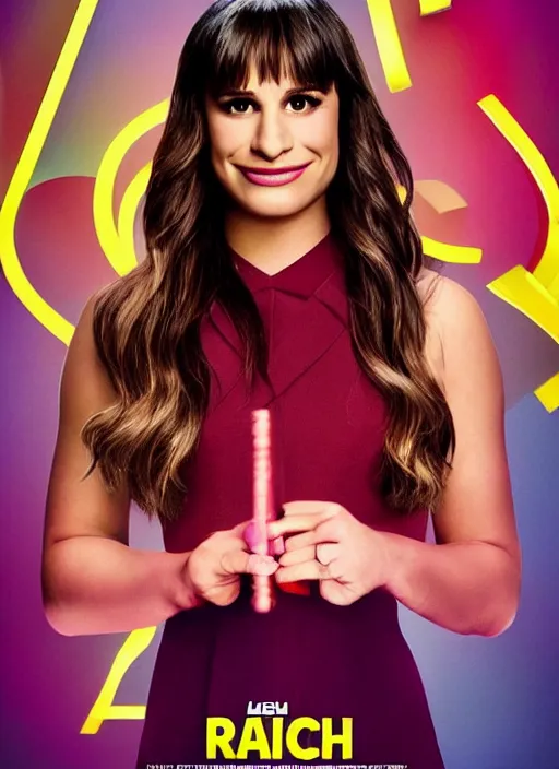 Image similar to glee sequel poster where rachel berry is the villain, evil, lea michele, with text, airing in 2 0 2 3