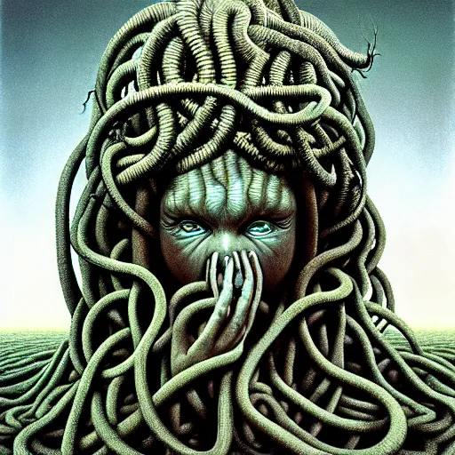 Image similar to very sad medusa, crying, tubular creature, blood vesels, no face, dystopian surrealism, art style alex ries giger, zdzisław beksinski, symmetry accurate features, very intricate details, high resolution, 4 k, intricate, sharp