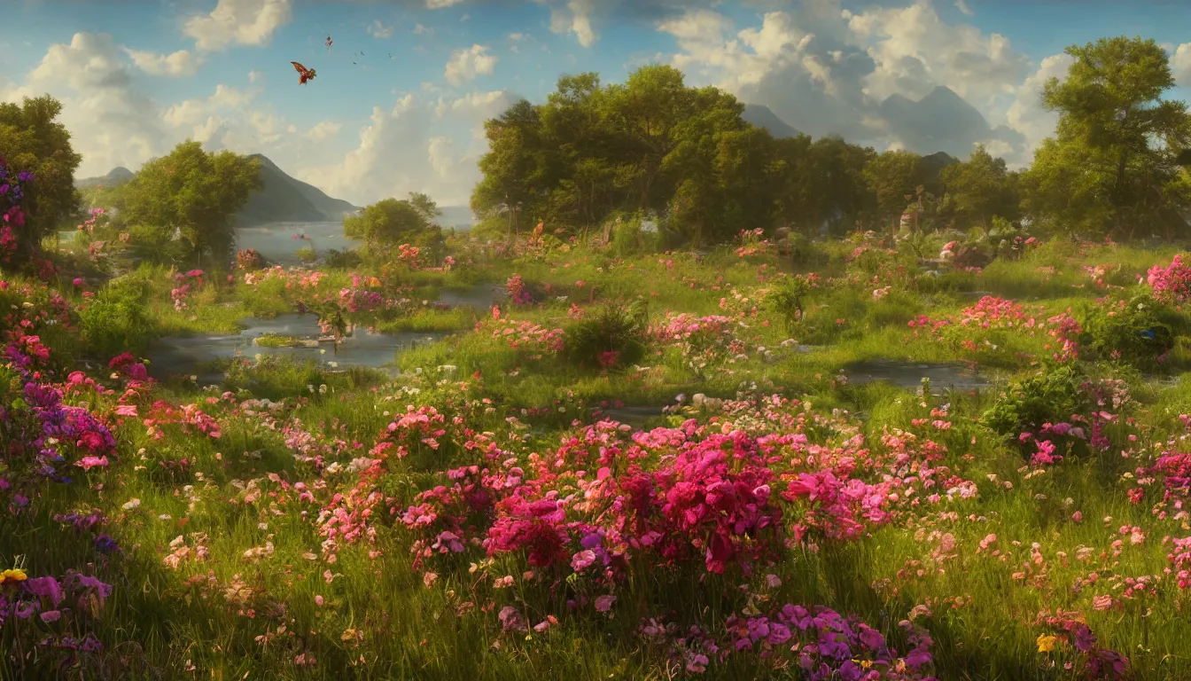 Image similar to An epic fantastic realism comic book style painting of the most beautiful flowers covering a landscape where lovers frolick, fisheye lens, painted by the Hudson River school, unreal 5, DAZ, hyperrealistic, octane render, dynamic lighting