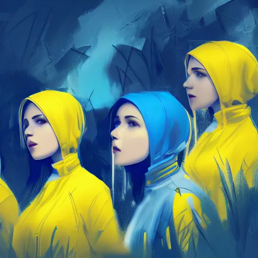 Prompt: group of ukrainian girls with blue and yellow clothes near big ruined burget, concept art, trending on artstation, highly detailed, intricate, sharp focus, digital art, 8 k