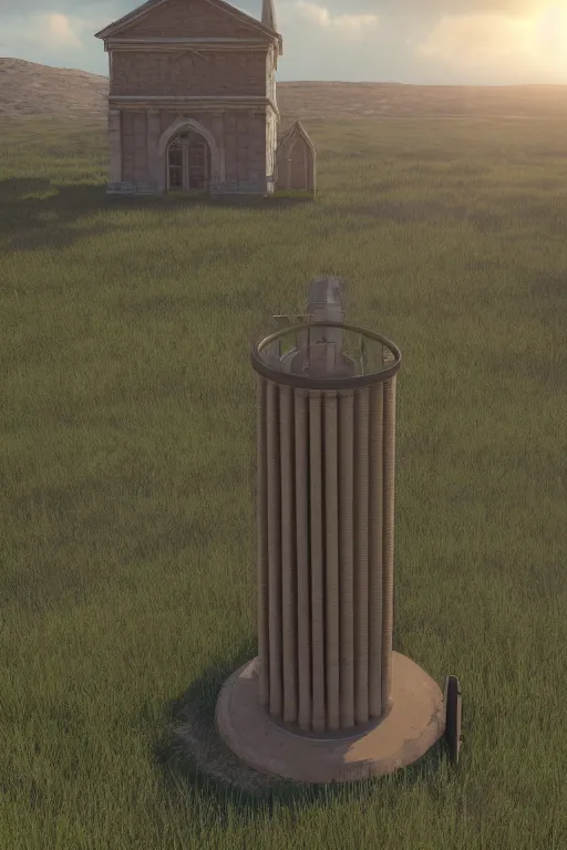 Prompt: a detailed render of an isolated lonely large pipe organ, in the middle of a field, supported by a lone stone column, trending on artstation, render, 3 d, octane, 4 k, 8 k, unreal engine, cinema 4 d, baroque, art deco