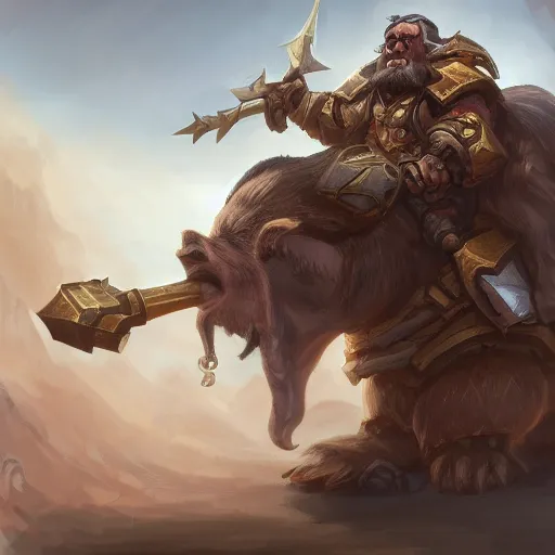 Image similar to dwarf in heavy armor holding a large warhammer and riding a boar mount, highly detailed, digital painting, artstation, concept art, matte, sharp focus, illustration, hearthstone