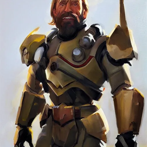 Image similar to greg manchess portrait painting of armored chuck norris as overwatch character, medium shot, asymmetrical, profile picture, organic painting, sunny day, matte painting, bold shapes, hard edges, street art, trending on artstation, by huang guangjian and gil elvgren and sachin teng