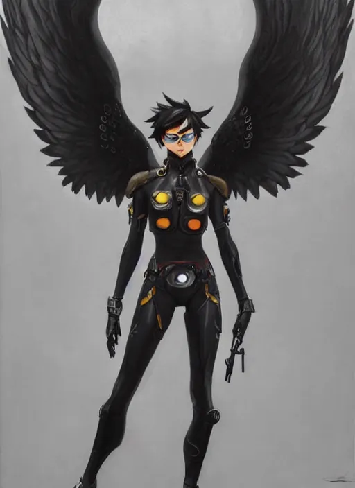 Image similar to full body artwork of tracer overwatch, wearing leather collar, in style of zdzisław beksinski, angel wings, dramatic painting, symmetrical composition, wearing detailed leather collar, black shiny armor, chains, black harness, detailed face and eyes,