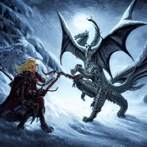 Image similar to fantasy warrior being eaten by a dragon in the snow