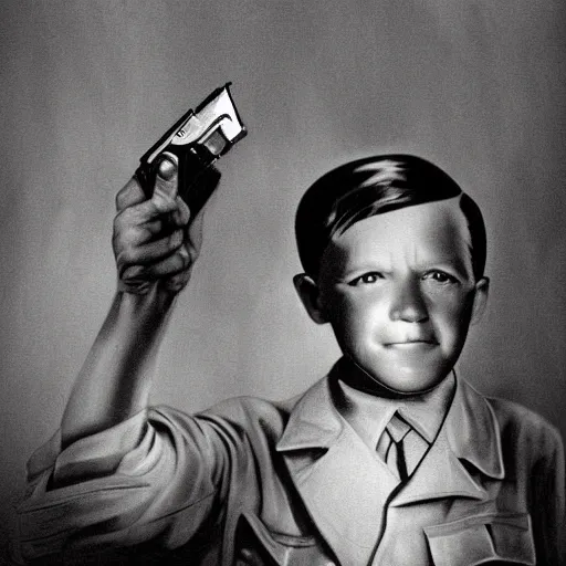 Prompt: blacka nd white old photograph of a farm boy holding a gun pointing at adolf hitler realism, 4 k, award winning photograph