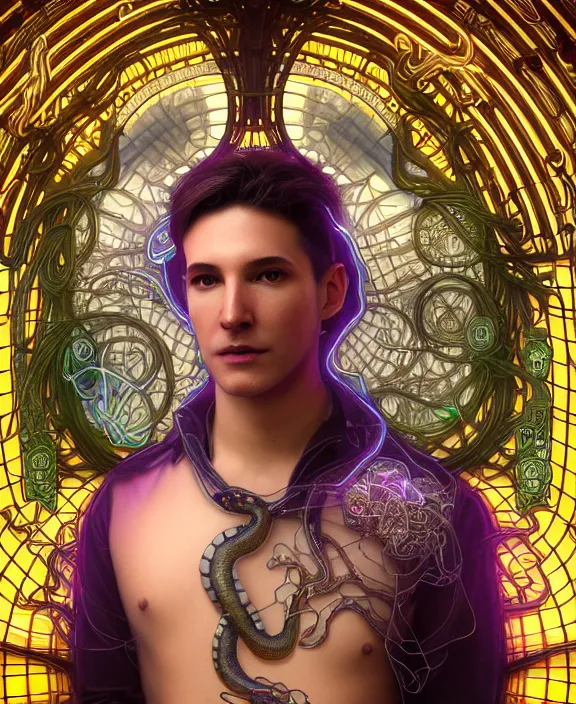 Prompt: intricate opulent transparent clear see - through portrait of handsome masculine snake, fractal, neon lights, circuitry, industrial environment, ultra realistic, concept art, art nouveau, photorealistic, octane render, 8 k, unreal engine. art by nori inoguchi and sam kaplan and zachary goulko and christopher marley and artgerm and alphonse mucha