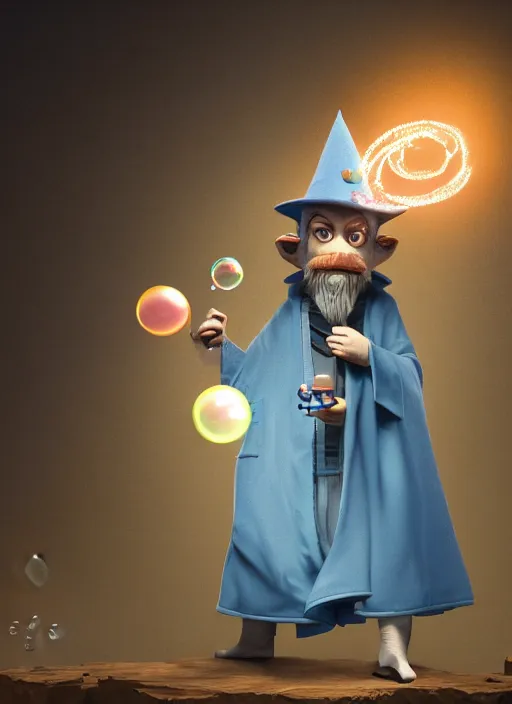 Image similar to an anthropomorphic beautiful male wizard blowing giant bubbles wearing blue robe, fine art, award winning, intricate, elegant, sharp focus, octane render, hyperrealistic, wizard hat cinematic lighting, highly detailed, digital painting, 8 k concept art, art by jamie hewlett and z. w. gu, masterpiece, trending on artstation, 8 k