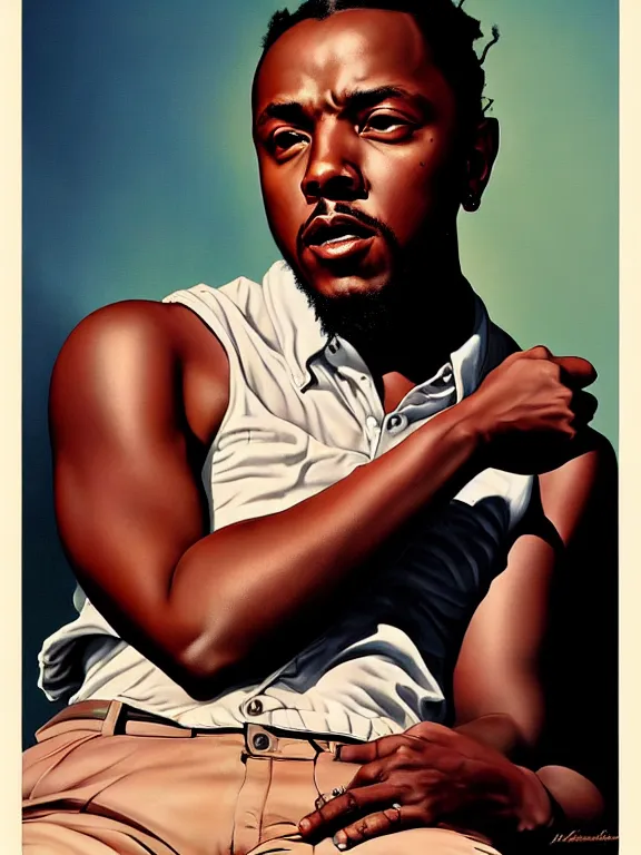 Image similar to kendrick lamar portrait by gil elvgren and norman rockwell and rob gonsalves and hajime sorayama, hyperrealistic, high detail, ultra detailed, highly detailed face, ruffled fabric