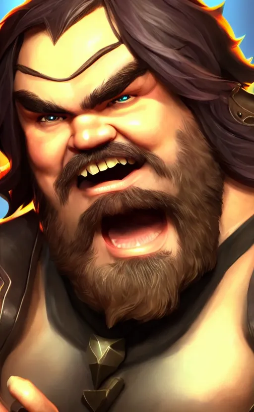 Image similar to Jack Black as a character in the game League of Legends, with a background based on the game League of Legends, detailed face, old 3d graphics