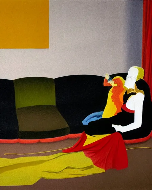 Image similar to old dead couple sitting on a couch and a dark figure crying in the corner with clouds at red and yellow art deco interior room in the style of Francis Bacon and Syd Mead, open ceiling, highly detailed, painted by Francis Bacon and Edward Hopper, painted by James Gilleard, surrealism, airbrush, very coherent, triadic color scheme, art by Takato Yamamoto and James Jean