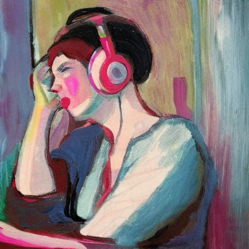 Prompt: a woman listening to music