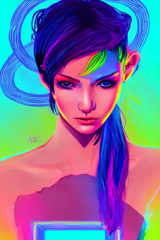 Image similar to a award winning portrait of a beautiful woman with stunning eyes in a one off shoulder croptop and cargo pants with rainbow colored hair, outlined by whirling illuminated neon lines and fine lines swirling in circles by ilya kuvshinov, digital art, trending on artstation