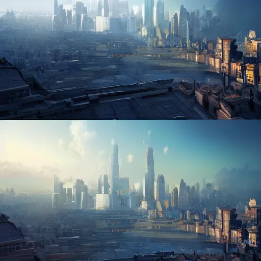 Image similar to a series of photos of a city with a sky background, a detailed matte painting by zhang han, cgsociety, generative art, vray tracing, matte painting, vray