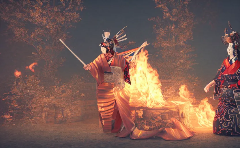 Prompt: highly detailed 3 d render of native japanese masked geisha with sword standing in burning japanese courtyard from sengoku period, fire, surrounded by dense rock formations, blue night, cinematic lighting, photobash, raytracing, high contrast