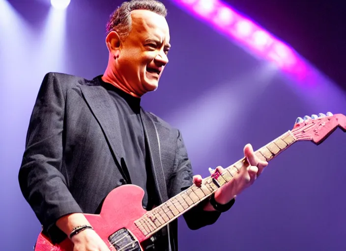 Image similar to publicity photo still of tom hanks on tour with limp bizkit playing live on stage, 8 k, live concert lighting, mid shot