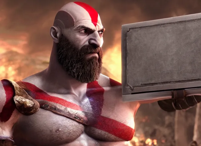 Image similar to in game screenshot of kratos holding up a laptop computer in victory from the new god of war game, 4 k