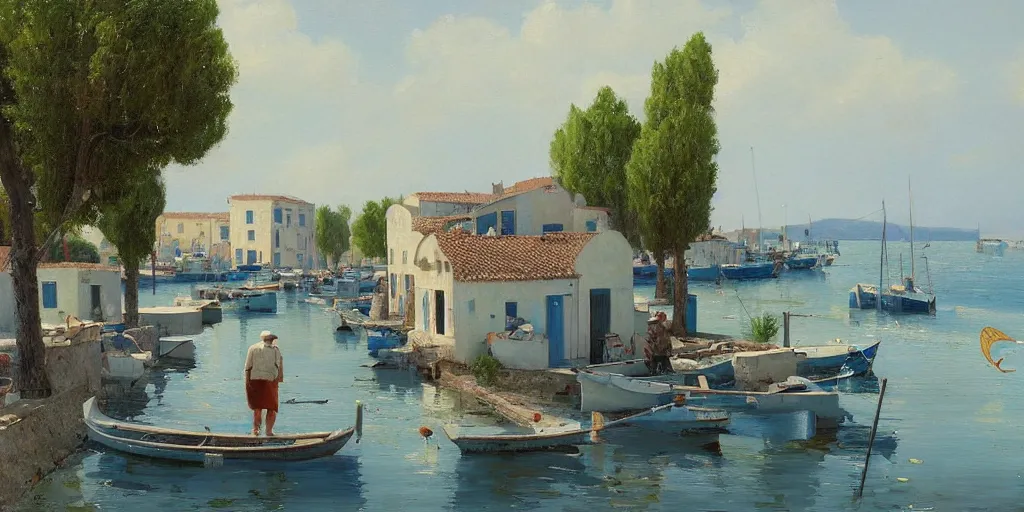 Prompt: a beautiful extremely complex painting of a mediterranean fishing village in summer by peter ilsted, whitewashed housed, tall cypress trees, blue shutters on windows, people walking down a street, fishing boats in the water, beautiful blue water, trending and featured on artstation and behance