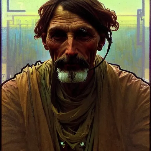 Prompt: portrait of an old vicotrian man by alphonse mucha, simon stalenhag and darek zabrocki, cinematic and atmospheric, concept art, artstation, trending on artstation