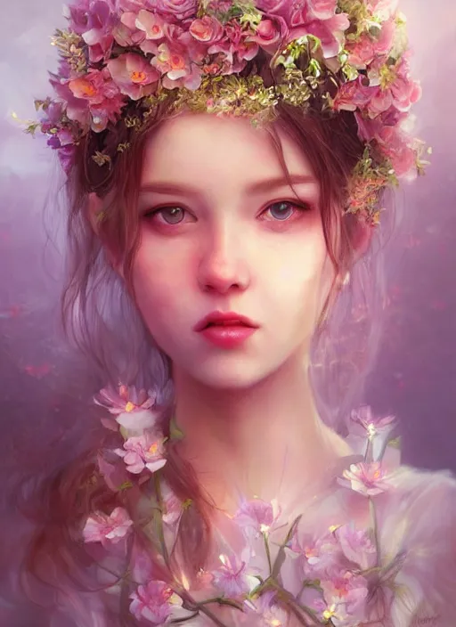 Image similar to a gorgeous flower princess portrait by WLOP, digital painting, beautiful lighting, mystical, detailed flowers, 🌺 cgsociety