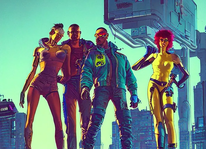 Image similar to cyberpunk heist crew. portrait by stonehouse and mœbius and will eisner and gil elvgren and pixar. character design. realistic proportions. dystopian. cyberpunk 2 0 7 7, apex, blade runner 2 0 4 9 concept art. cel shading. attractive face. thick lines.