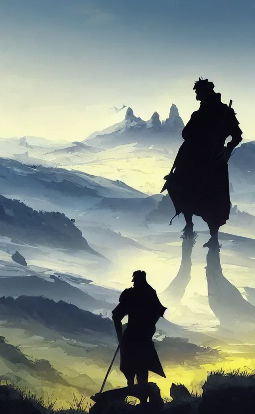 Image similar to a beautiful artwork illustration, silhouette of a man standing on a hill looking at his kingdom in the distance, high contrast, high saturation, by Greg Rutkowski and Jesper Ejsing and Raymond Swanland, featured on artstation, wide angle, vertical orientation